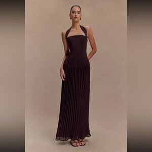 MESHKI- Stacie pleated halter maxi dress - cacao